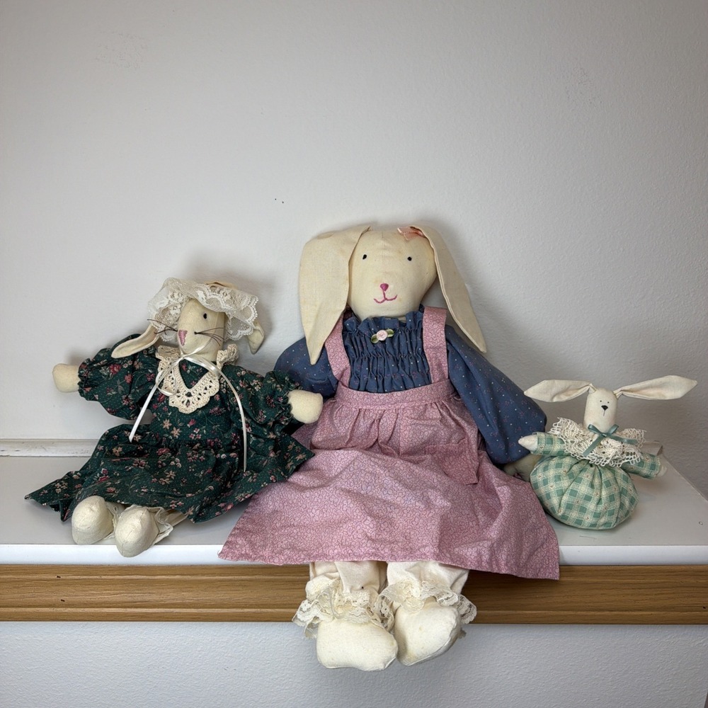 Vintage Bunny Rabbit Dolls Handmade Dress‎ Pinafore Floppy Ears Floral Set Of 3